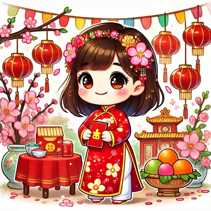 Hình Tết chibi cute nét vẽ ngộ nghĩnh kawaii 