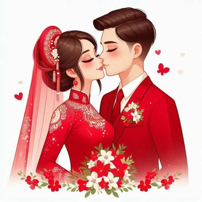 Chibi cô dâu chú rể áo dài phong cách truyền thống dễ thương 