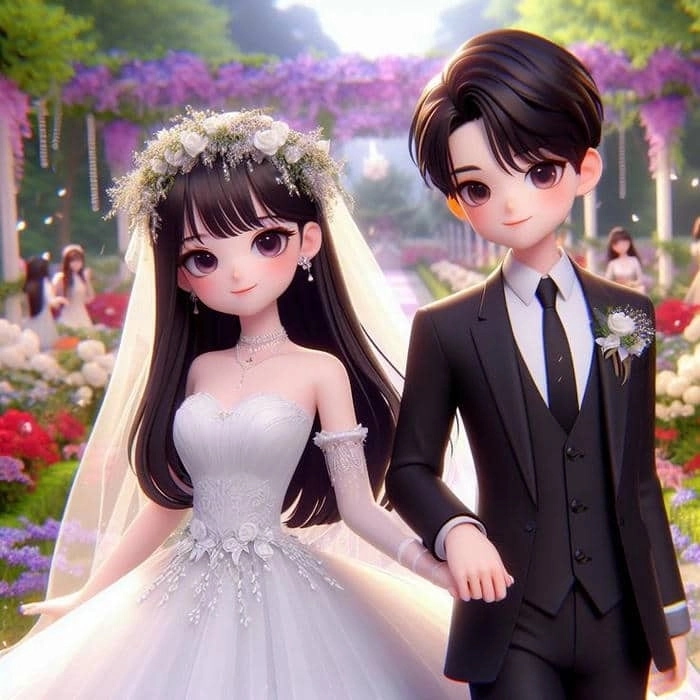 Ghép ảnh cô dâu chú rể chibi nét vẽ vui nhộn đáng yêu 