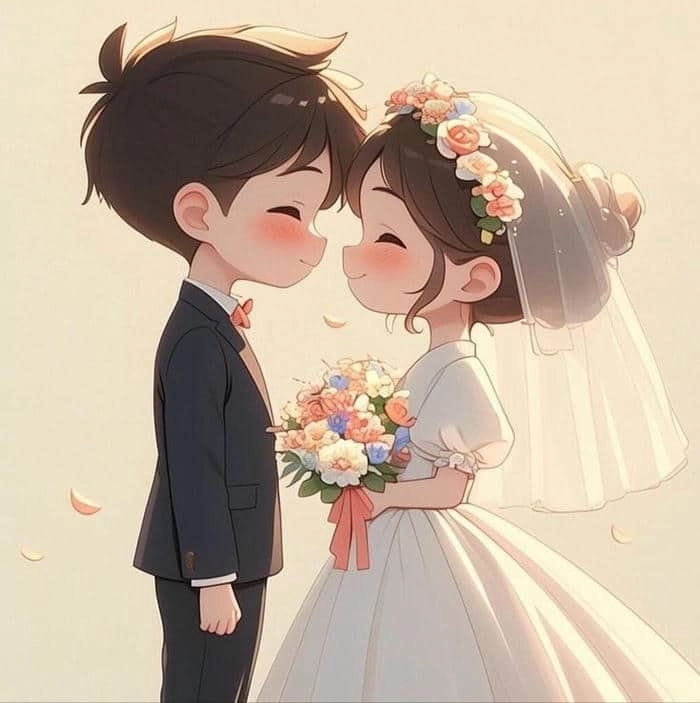 Ảnh cô dâu chú rể chibi nét vẽ ngộ nghĩnh dễ thương 