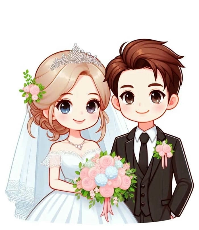 Hình ảnh cô dâu chú rể chibi nét vẽ vui nhộn đáng yêu 