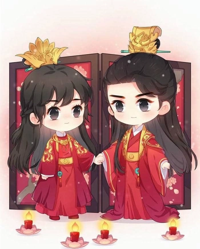 Cô dâu chú rể chibi vector phong cách minh họa đáng yêu 