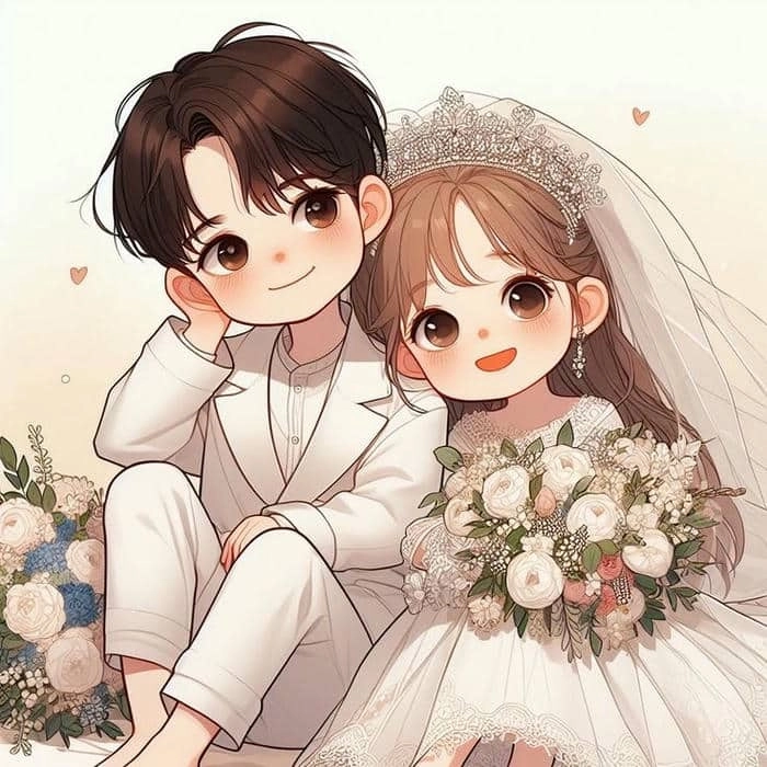 Cô dâu chú rể chibi vector phong cách minh họa đáng yêu 
