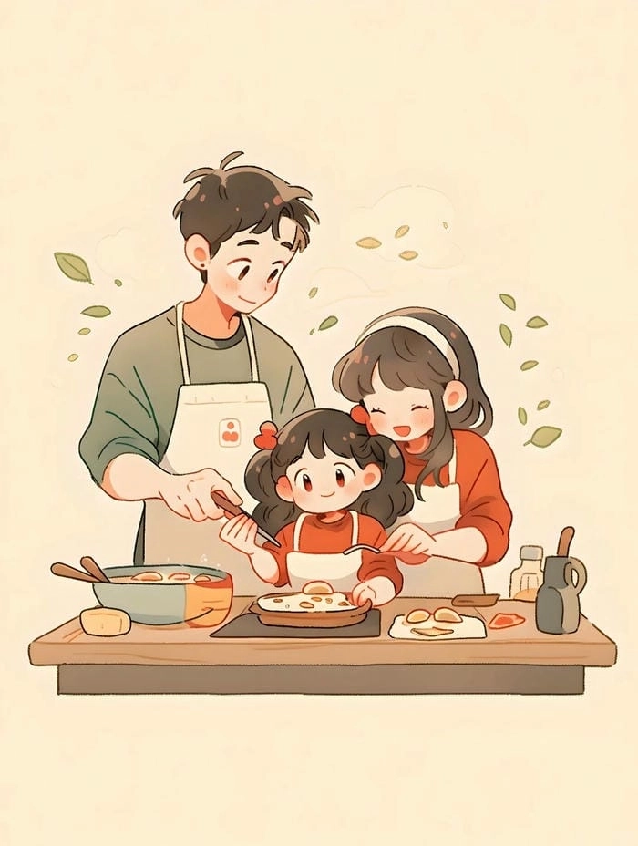 Ảnh gia đình hình chibi phong cách ngộ nghĩnh ấm áp 