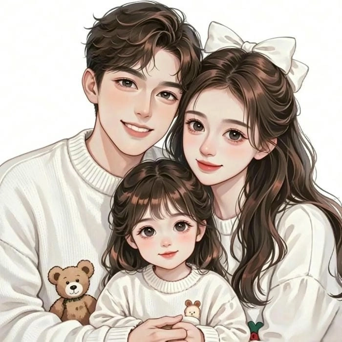 Chibi ảnh gia đình hoạt hình 3 người phong cách đáng yêu 