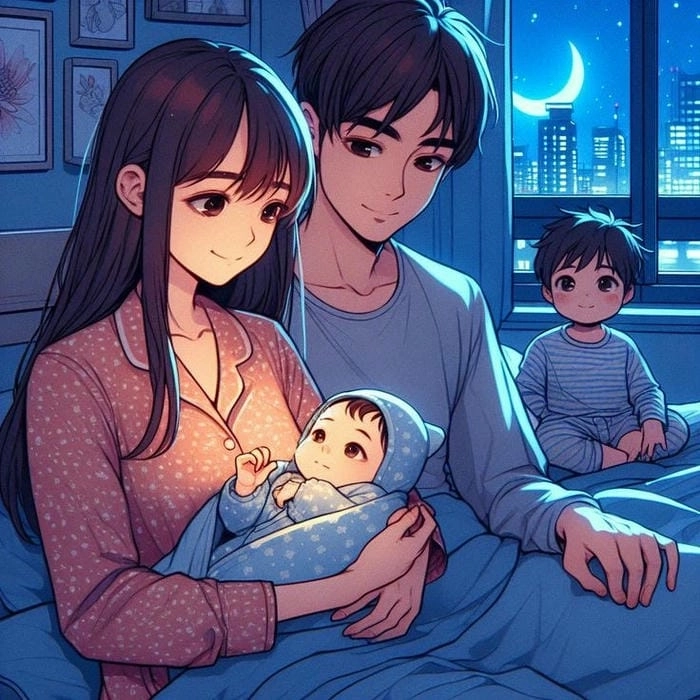 Ghép ảnh gia đình chibi phong cách dễ thương ấm áp 