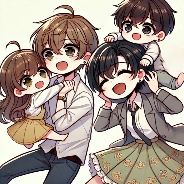 Hình nền gia đình chibi cho điện thoại phong cách ấm áp 