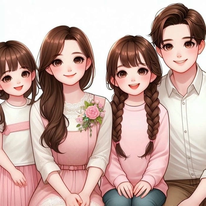 Ảnh gia đình hạnh phúc hoạt hình chibi phong cách vui nhộn 