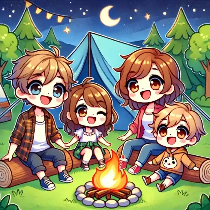 Ảnh gia đình chibi 4 người nét vẽ vui nhộn ấm áp 