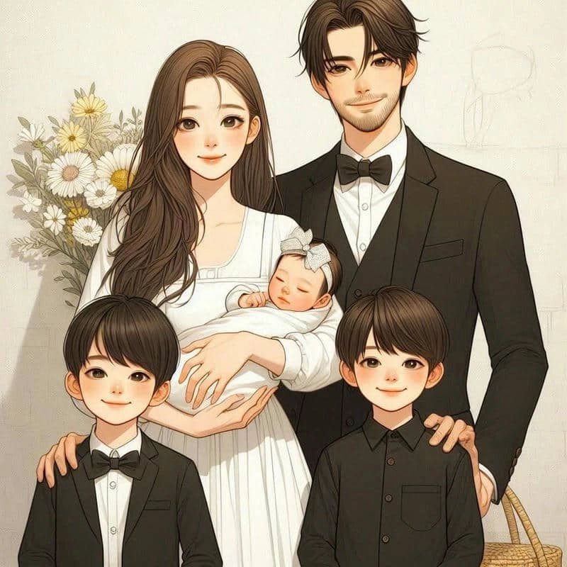 Gia đình của chibi nét vẽ dễ thương phong cách ấm áp 