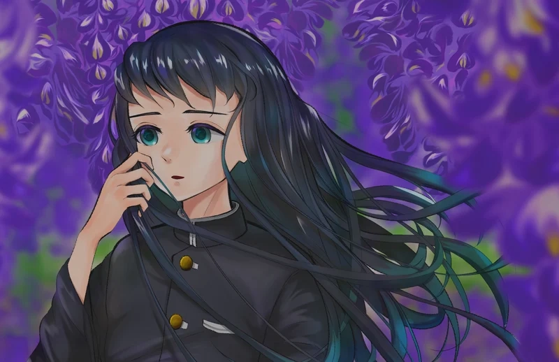 Vẽ Muichirou chibi đơn giản với tóc xanh và áo Hà Trụ