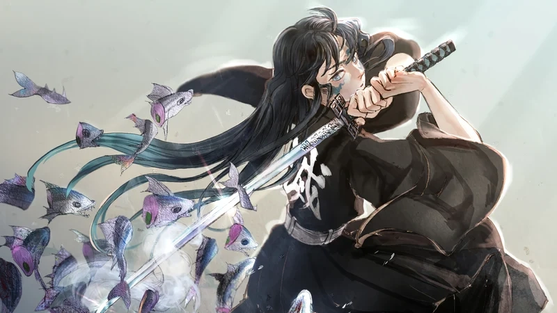 Vẽ Muichirou với mái tóc dài và ánh mắt mơ màng