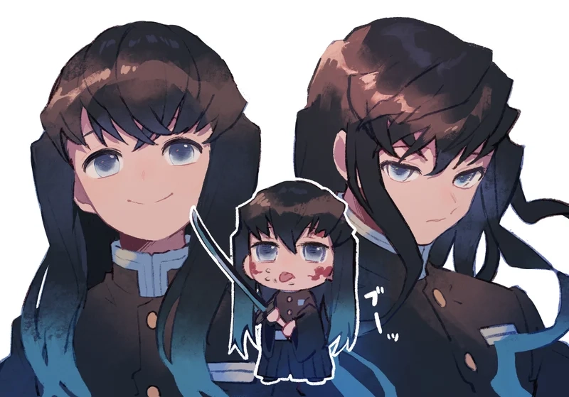 Vẽ Muichirou chibi cute với nụ cười và tóc dài bay bổng