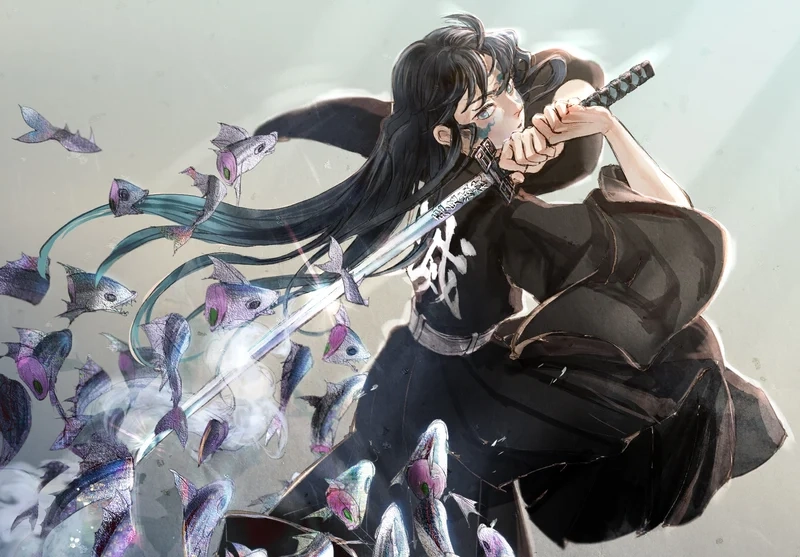 Chibi Muichiro với mái tóc xanh và ánh mắt mơ màng kawaii